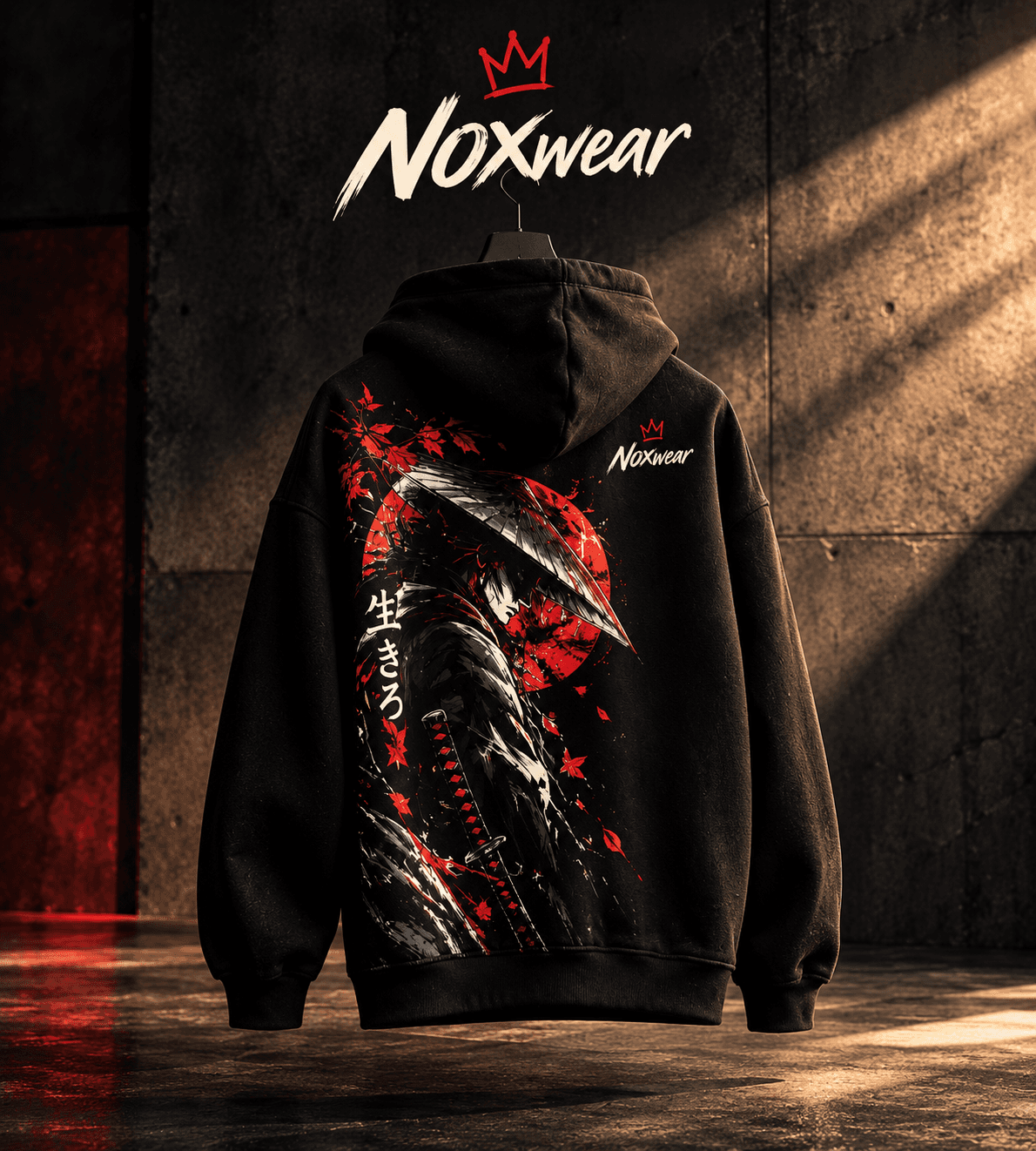 هودي ساموراي أسود وأحمر بلوغو واسم NOXwear